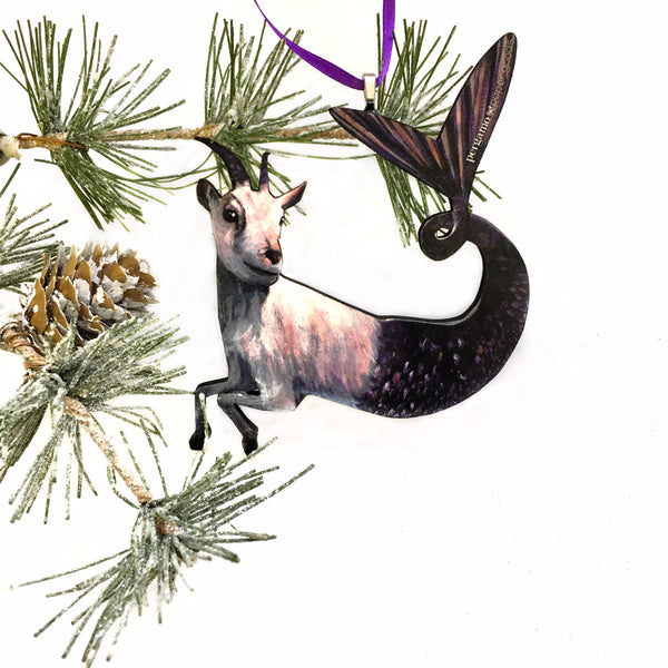 Capricorn Ornament, Mermaid Goat Christmas Decoration, Illustrated Zodiac Gift, Stocking Stuffer Weird Gifts, Wood Farm Holiday Decor by Pergamo Paper Goods www.pergamopapergoods.com