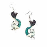 Mermaid Cat Earrings, Cat Jewelry, Weird Earrings, Kitsch Earrings, Stainless Steel Laser Cut Wood Dangle Earrings, Illustrated Retro Cat