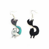 Mermaid Cat Earrings, Cat Jewelry, Weird Earrings, Kitsch Earrings, Stainless Steel Laser Cut Wood Dangle Earrings, Illustrated Retro Cat