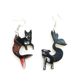 Pitbull Chihuahua Earrings, Mismatched Mermaid Dog Jewelry, Weird Earrings Kitsch Lightweight Dangle Earrings Surreal Illustrated Retro Art