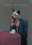 Mixed media illustration of a dressed up cat with a cup of tea. Text reads Happy Birthday. Handmade Greeting Cards for Cat Moms - Happy Birthday Cat Card by Pergamo Paper Goods