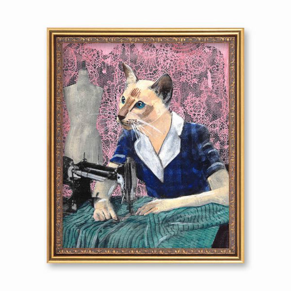 Sewing Cat Art Print, 8x10 Retro Wall Decor, Sewing Machine Gifts, Surreal Vintage Cats, Weird Art Kitsch, Embroidery Quilting Kitty