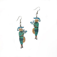 Cannabis Cat Earrings, Weird Lightweight Wood Animal Jewelry, Surgical Steel Dangle Clip On Illustrated Dressed Up Cat Smoking Funny