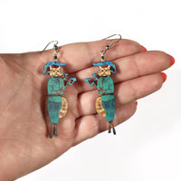 Cannabis Cat Earrings, Weird Lightweight Wood Animal Jewelry, Surgical Steel Dangle Clip On Illustrated Dressed Up Cat Smoking Funny