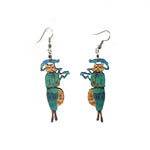 Cannabis Cat Earrings, Weird Lightweight Wood Animal Jewelry, Surgical Steel Dangle Clip On Illustrated Dressed Up Cat Smoking Funny