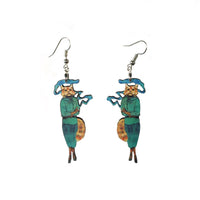 Cannabis Cat Earrings, Weird Lightweight Wood Animal Jewelry, Surgical Steel Dangle Clip On Illustrated Dressed Up Cat Smoking Funny