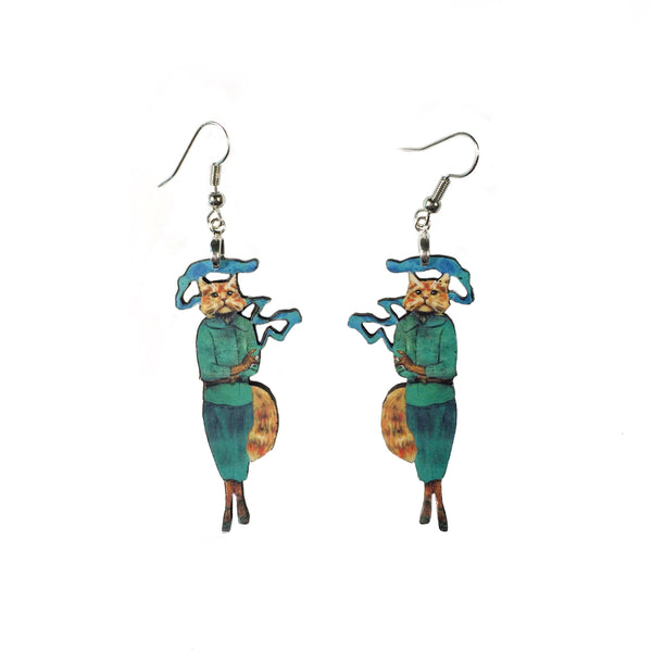 Cannabis Cat Earrings, Weird Lightweight Wood Animal Jewelry, Surgical Steel Dangle Clip On Illustrated Dressed Up Cat Smoking Funny