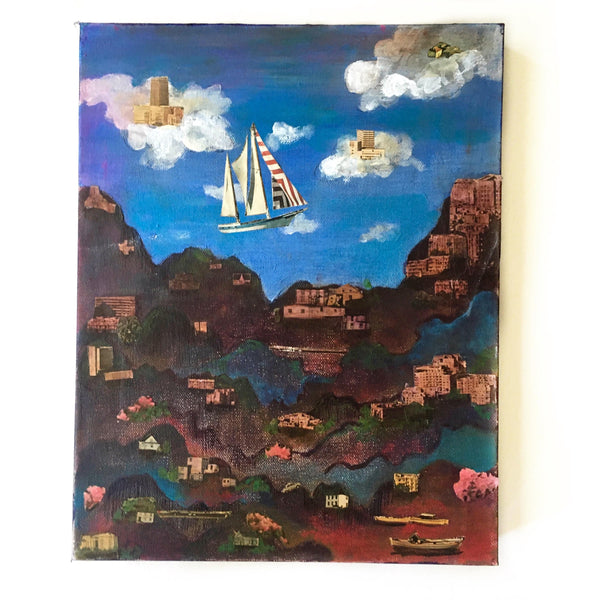 Sailing Abstract Painting, Mountain Landscape Cave Inspired Colorful Mixed Media Art, Collage Wall Painting, Original Acrylic Wall Art