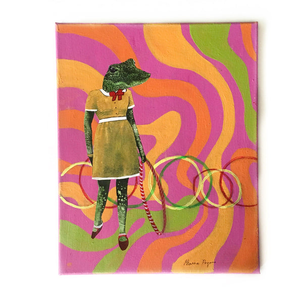 Weird Art, Alligator Art, 11x14 Hula Hoop Reptile Wall Decor, FL Gifts Retro Animal Weird Gifts, Mixed Media Signed, Vintage Home Decor