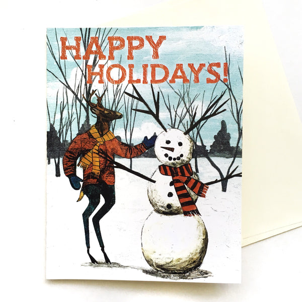 Illustrated Holiday Cards for Animal Lovers-  Snowman Deer Cards by Pergamo Paper Goods
