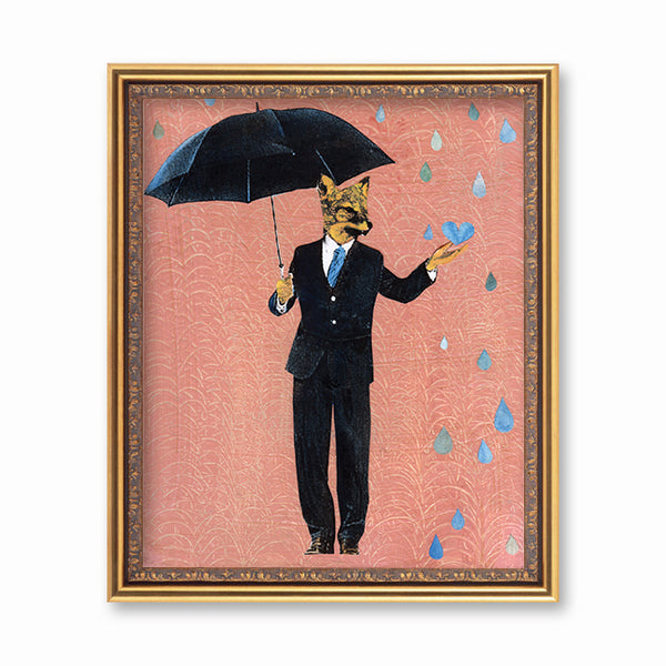 Framed art of a fox holding an umbrella and wearing a suit. Rain drops are falling on a pink background. The illustration is fun and playful. Mixed Media Retro Animal Art - Anthropomorphic - Dapper Fox Art Print by Pergamo Paper Goods