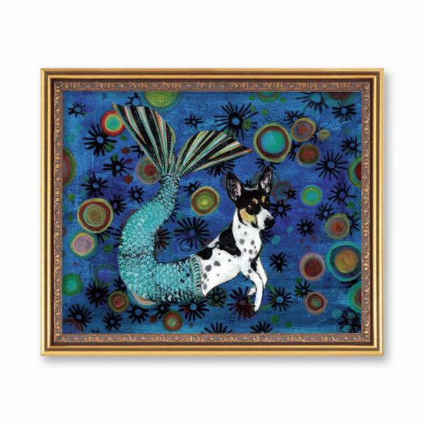 Mermaid Dog Art Print - Vintage Mermaid Art - Fun Rat Terrier Gift by Pergamo Paper Goods