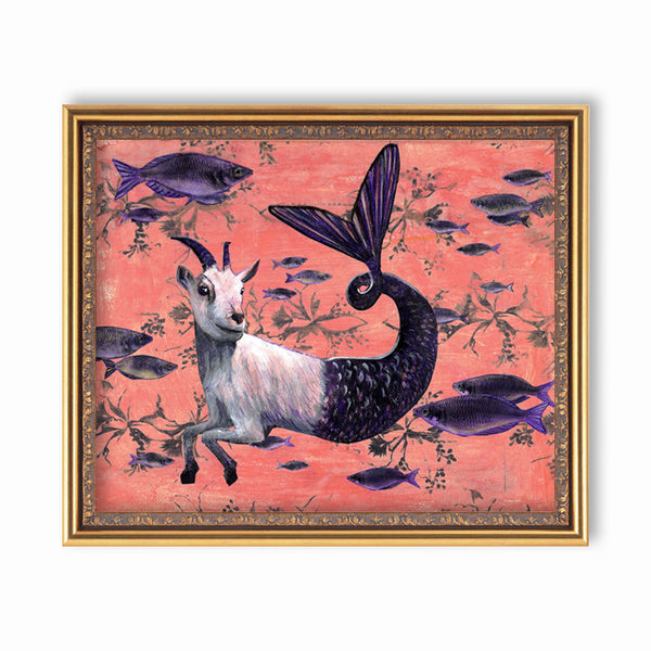 Goat Mermaid Capricorn Art Print - Mixed Media Zodiac Art by Pergamo Paper Goods. Vintage Inspired Collage Art for Animal Lovers www.pergamopapergoods.com
