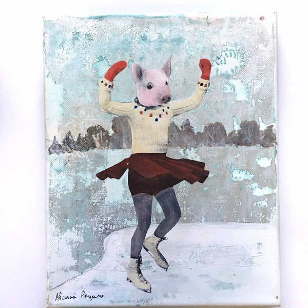 Ice Skating Pig 8x10" Collage Painting