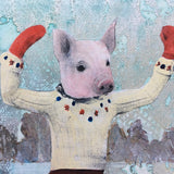 Ice Skating Pig 8x10" Collage Painting