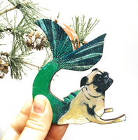 Stocking Stuffers for Pug Lover- Handmade Mermaid Pug Holiday Ornament www.pergamopapergoods.com