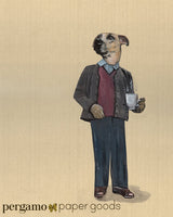 Collage illustration of a dressed up dog with a coffee cup. Vintage clothes, vintage look. Beige dog with black markings. Mixed Media Animal Art for Dog Lovers - Coffee Dog Art Print Illustration