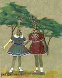dressed up giraffe art, unique lesbian art, gift for lesbian wedding, sister art, twin art, retro art, vintage art. Lesbian Art - Original Mixed Media Animals - Giraffe Girls Art Print by Pergamo Paper Goods