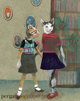 Mixed Media Illustration of Two Dressed Up Cat, Lesbians or Friends, in a Library. Lesbian Art for Animal Lovers - Vintage Cat Art Print Illustration by Pergamo Paper Goods