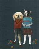 Collage of two dogs wearing clothes; a pekingese and a boston terrier