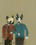Dog illustration, two dogs in suits walk arm in arm. Mixed media dog art, chihuahua art, jack russell art. Gay art -Gay Art for Dog Lovers - Chihuahua & Rat Terrier Art Print by Pergamo Paper Goods