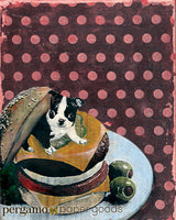 Boston Terrier Art- Mixed Media Art Featuring a Boston Terrier in a Cheeseburger, Vintage Look, Red Polka Dot Background - Retro Art for Animal Lovers - Dog Art - Boston Terrier in a Cheeseburger Print by Pergamo Paper Goods