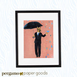 Framed art of a fox holding an umbrella and wearing a suit. Rain drops are falling on a pink background. The illustration is fun and playful. Mixed Media Retro Animal Art - Anthropomorphic - Dapper Fox Art Print by Pergamo Paper Goods