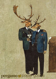 Mixed media deer illustration. Two dapper deer drinking martinis. Dressed up deer men, vintage dressed up animals. Retro look.
