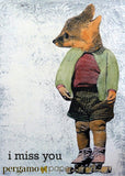 Collage illustrated fox, dressed up fox card, text reads "I Miss You," Cute fox art, fox wearing rollerskates Artistic Greeting Cards for Animal Lovers - I Miss You Fox Card by Pergamo Paper Goods