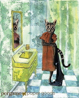 Bathroom Cat Art Print - Bathroom Art for Cat Lovers - Weird Cat Art by Pergamo Paper Goods