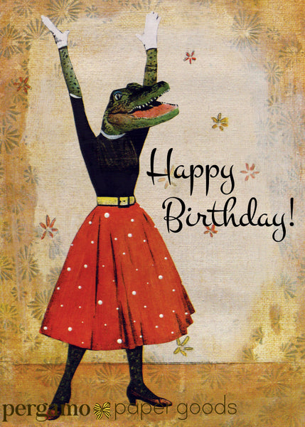 Retro illustration of a dressed up alligator. Card text reads happy birthday. Retro birthday card, florida birthday card, alligator birthday card