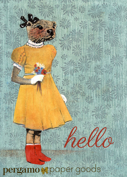 "Hello" Otter Girl Retro Illustrated Greeting Card www.pergamopapergoods.com
