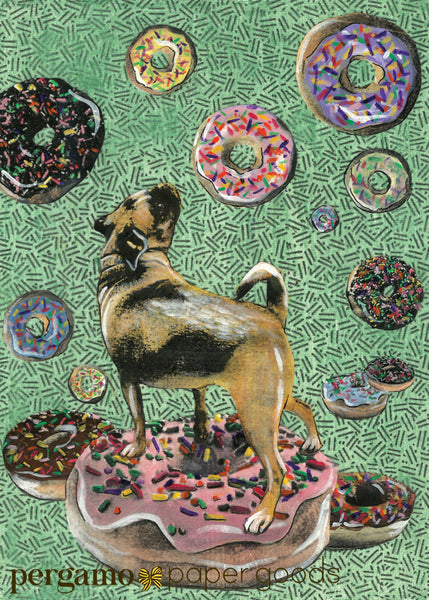 Collage illustration of pug surrounded by donuts. Pug card, donut card. Pug lover card, donut lover card. Mixed Media Illustration by Gianna Pergamo.