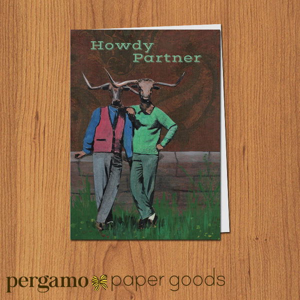Gay Friendly Greeting Cards - "Howdy Partner" Illustrated Cow Card by Pergamo Paper Goods