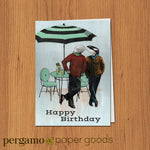 Illustrated Birthday Card of Two Dressed Up Whales next to an Umbrella and Lemonade. Text reads Happy Birthday