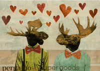 Gay Love Card, Two Moose in Love, Moose Love, Gay Anniversary Card, Gay Wedding Card, Gay Marriage Card, Mixed Media Illustration