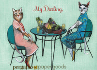 Lesbian greeting card for cat lovers, text reads "my darling," lady cats wearing clothes, cats wearing vintage dresses, dressed up animal art, dressed up cat art, mixed media illustration, cat illustration, cat moms, cat lovers Lesbian Cards for Cat Lovers - "My Darling" Picnic Cats Card by Pergamo Paper Goods