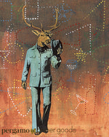 Handmade collage illustration, vintage deer art. Dressed up deer in clothes, deer in suit. Vintage Inspired Wall Decor - Vintage Bar Decor - Retro Buck Art Print by Pergamo Paper Goods