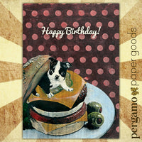 happy birthday card featuring illustration of boston terrier in a cheeseburger on a polka dot background