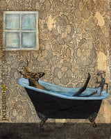 Mixed Media Deer laying in a Bathtub Bath Deer Art Print - 8x10" Print - Mixed Media Bathroom Decor by Pergamo Paper Goods