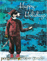 Retro illustration of a anthropomorphic dog in a coat, outside in the snow on a patterned background. Text reads Happy Holidays