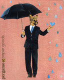 Mixed media animal illustration. Retro collage fox man dressed in a suit with an umbrella. Framed art of a fox holding an umbrella and wearing a suit. Rain drops are falling on a pink background. The illustration is fun and playful. Mixed Media Retro Animal Art - Anthropomorphic - Dapper Fox Art Print by Pergamo Paper Goods