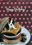 mixed media illustration of a boston terrier puppy in a cheeseburger, reads happy birthday