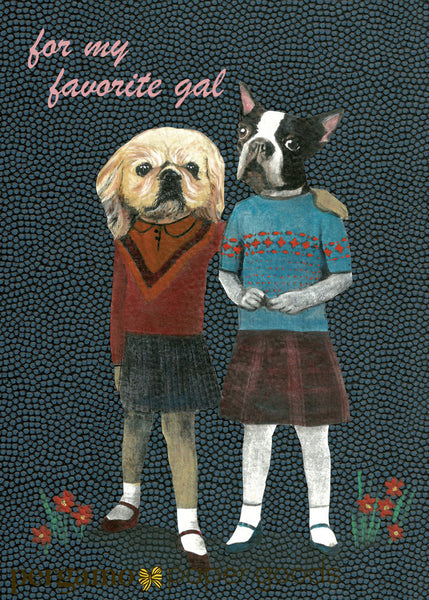 Lesbian greeting card, dog friendship card, retro dressed up dogs, vintage illustration, Lesbian anniversary card, Indie cards, indie card company, illustrated cards