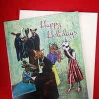 Animal holiday card, Text reads Happy Holidays. Retro Animals at a Party, Vintage Dressed Up Animals Holiday Card, Greeting Cards, Christmas Card