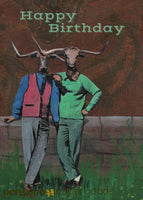 Illustration of two dressed up steer with arms around eachother. Text reads happy birthday. Gay birthday card.