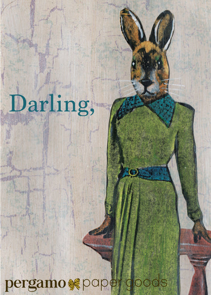 Retro illustration of a rabbit in a dress. Text Reads "Darling" Rabbit illustration, rabbit greeting card, cards for rabbit lovers 