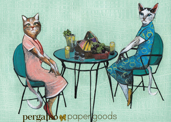 Illustration of dressed up cat ladies having a picnic lunch. Greeting card.