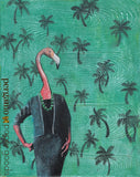 Retro Art Print. Dressed Up Lady Flamingo Art for Animal Lovers, Florida Art Print, Green palm tree background. Weird Florida Art - Retro Florida Decor - Lady Flamingo Art Print by Pergamo Paper Goods