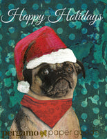 Christmas pug card. Santa pug, text reads Happy Holidays.